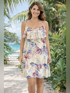 Tropical Print Mini Dress in Cream with Pink & Blue Leaves PRICE DROP ⭐️